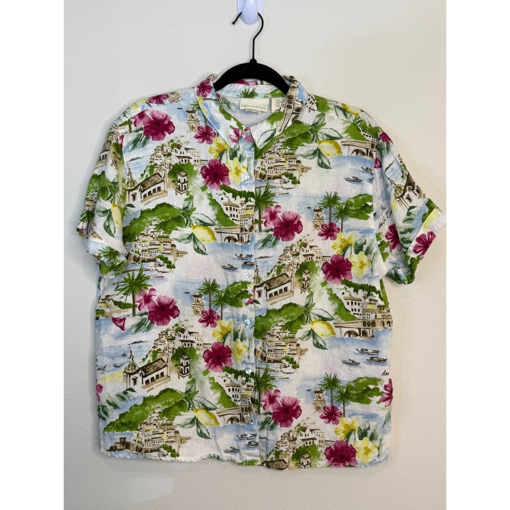 Cynthia Rowley Women's Amalfi Coast Linen Button Up Shirt Scenic Print Floral M